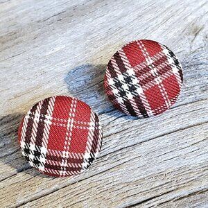 Red Black White Tartan Plaid Fabric Button Earrings